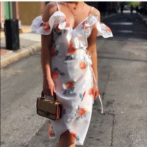peach print midi dress wrap